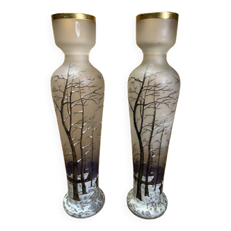 Old pair of large enamelled vases, winter stage