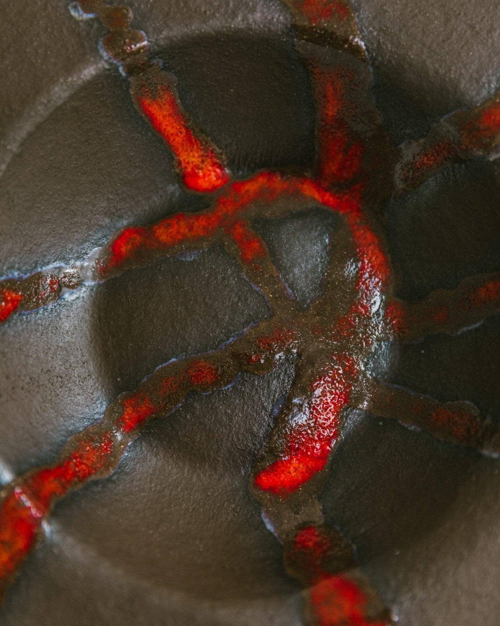 Brown Stoneware Bowl with Red Glaze Streaks, Partially Glazed-Vintage Italian Studio Ceramic, 1970s