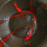 Brown Stoneware Bowl with Red Glaze Streaks, Partially Glazed-Vintage Italian Studio Ceramic, 1970s