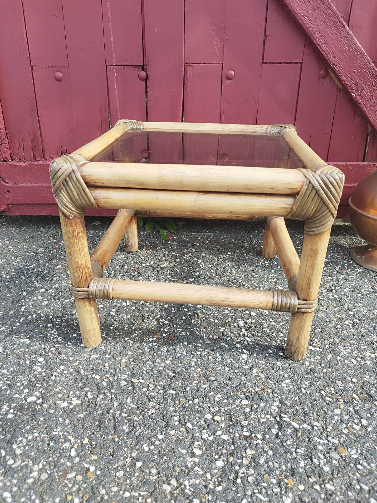 Small coffee or bedside table in rattan and vintage smoked glass