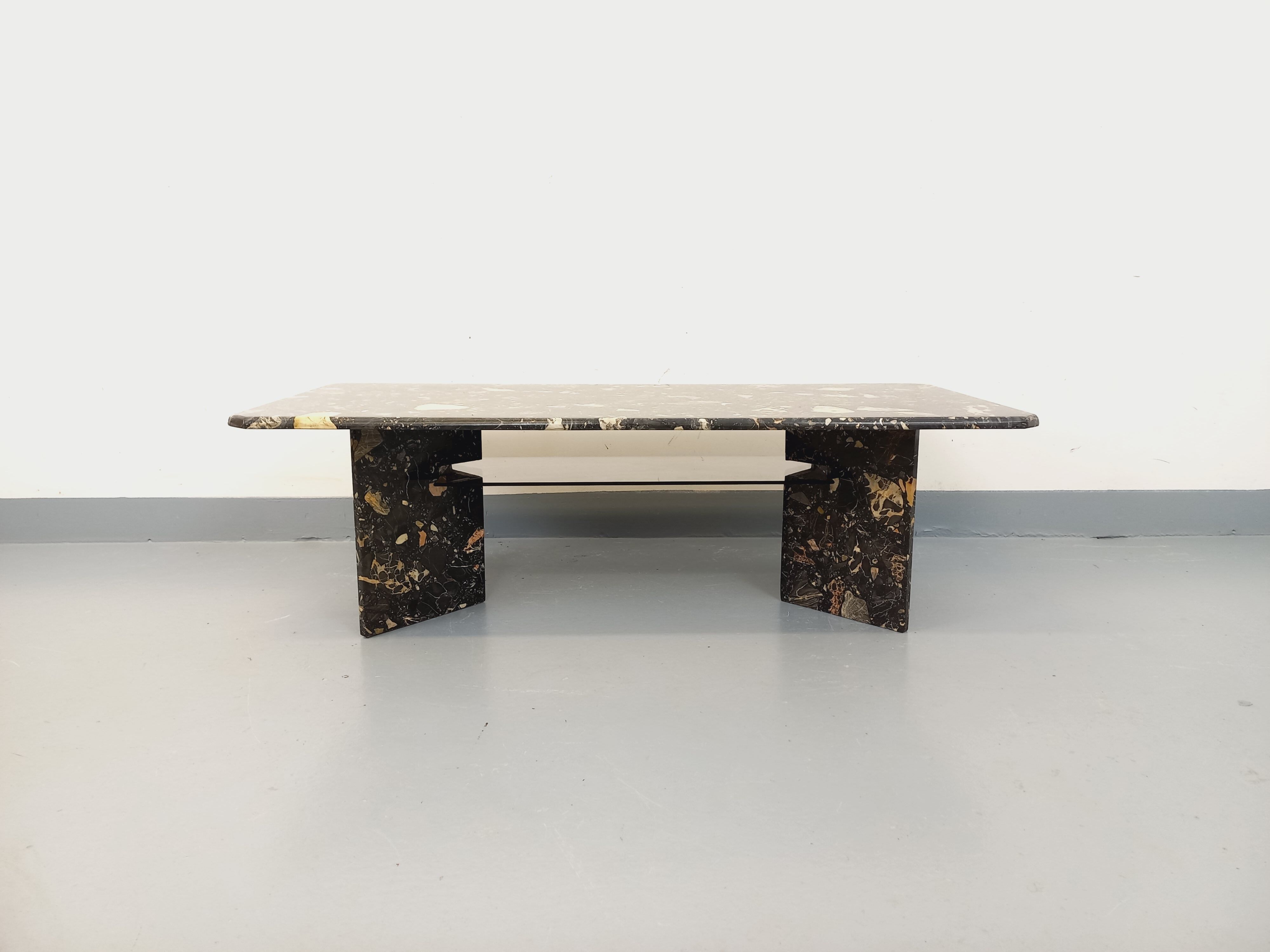 Vintage rectangular coffee table in black marble and smoked glass from the 1970s.