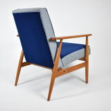 Fauteuil d’origine « Fox » restauré design H.Lis années 1970, pied de poule bleu