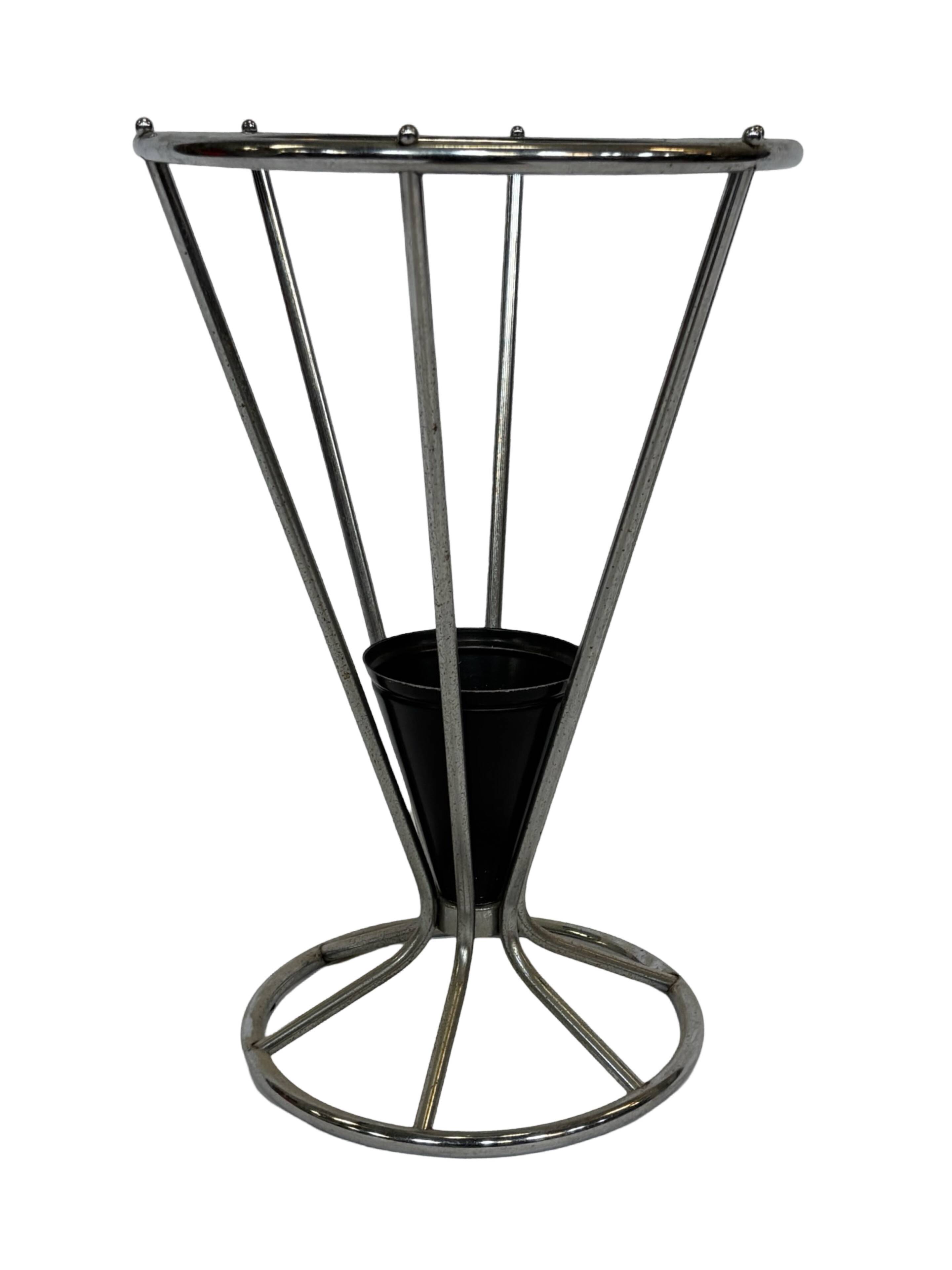 Vintage Umbrella stand chrome round black Dutch Art Deco