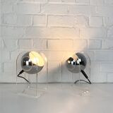 Pair of space age table lamps, chrome sphere and plexiglass, 70s