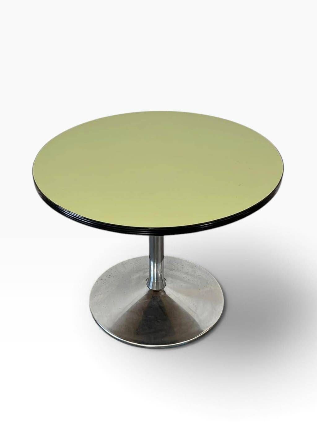 Table basse/table d'appoint ronde vintage vert menthe avec piètement chromé