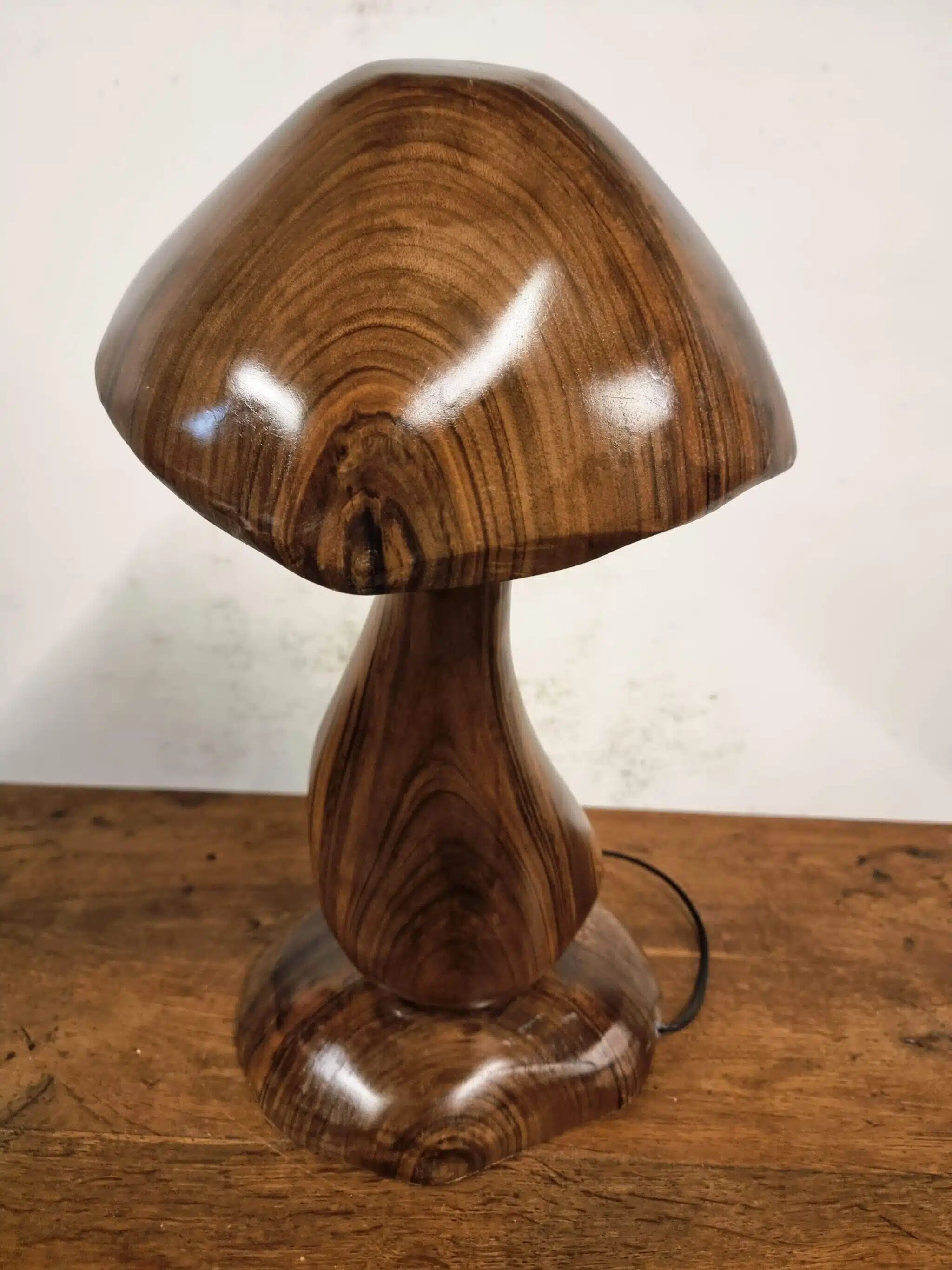 Hand-carved wooden mushroom table lamp with integrated LED