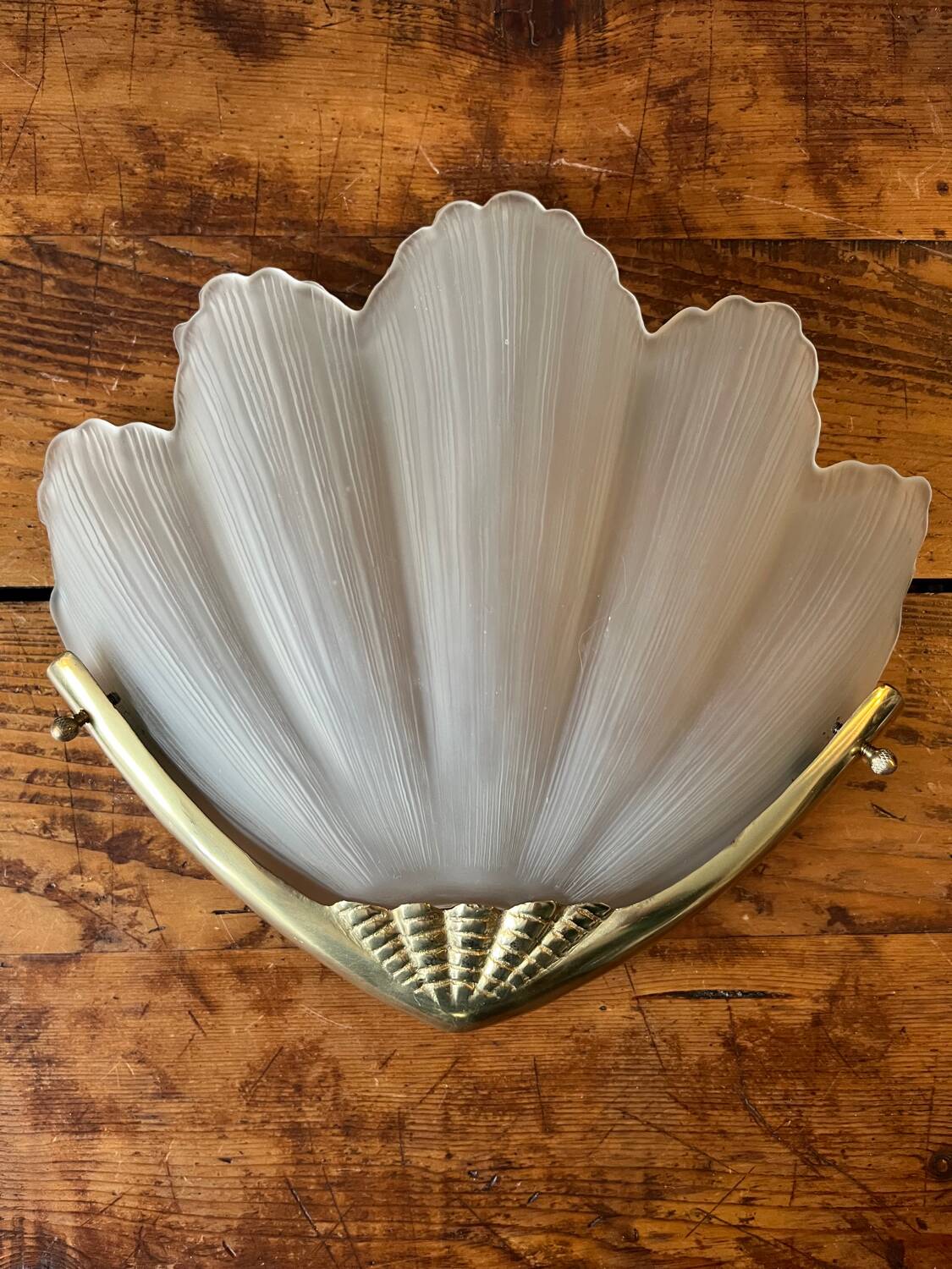 2 brass shell wall lamp covers in art deco molded glass