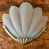2 brass shell wall lamp covers in art deco molded glass