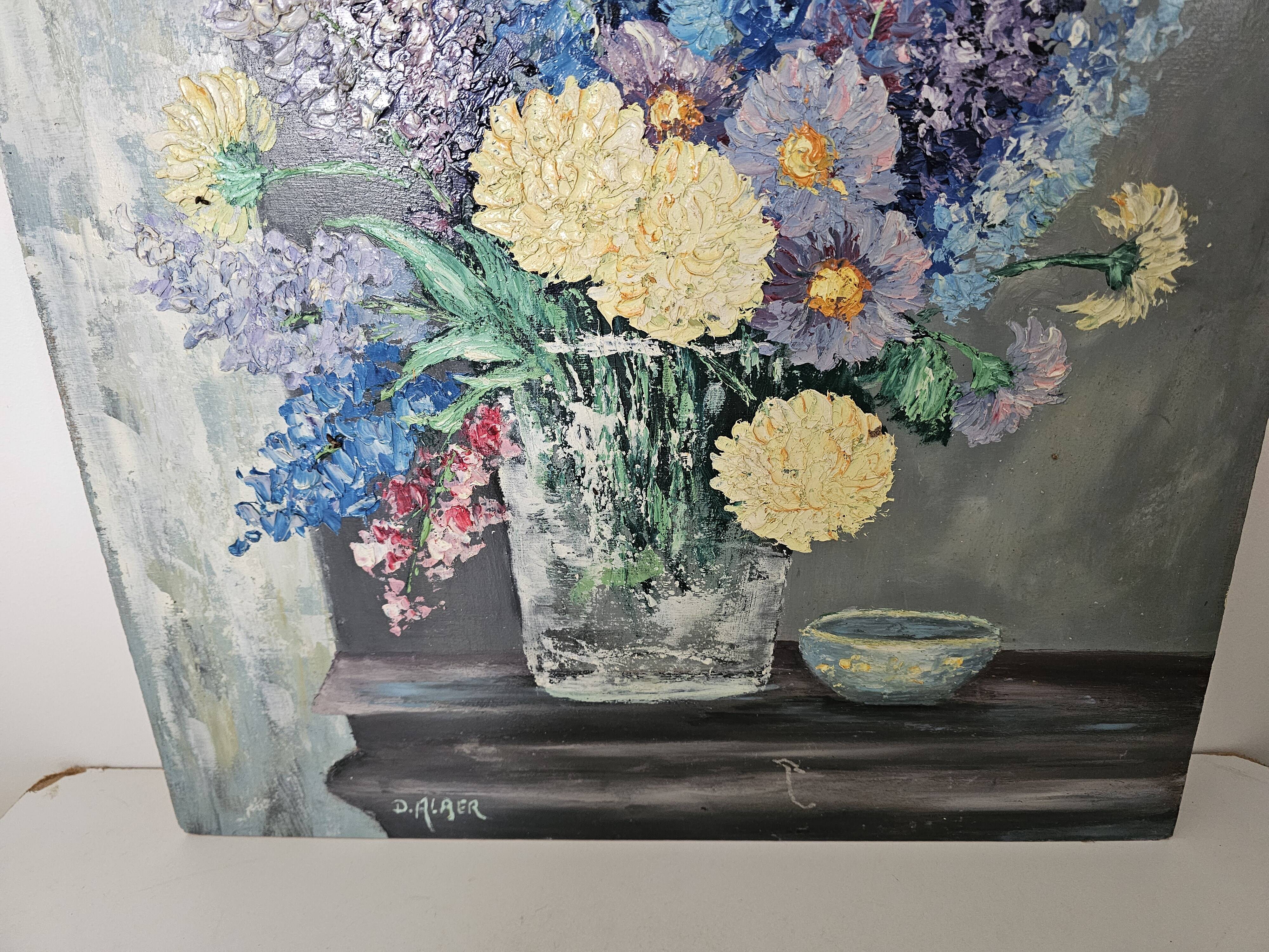 Oil on panel painting - still life flowers lilacs dahlias signed d alrer