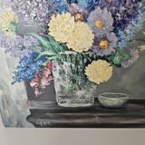Oil on panel painting - still life flowers lilacs dahlias signed d alrer