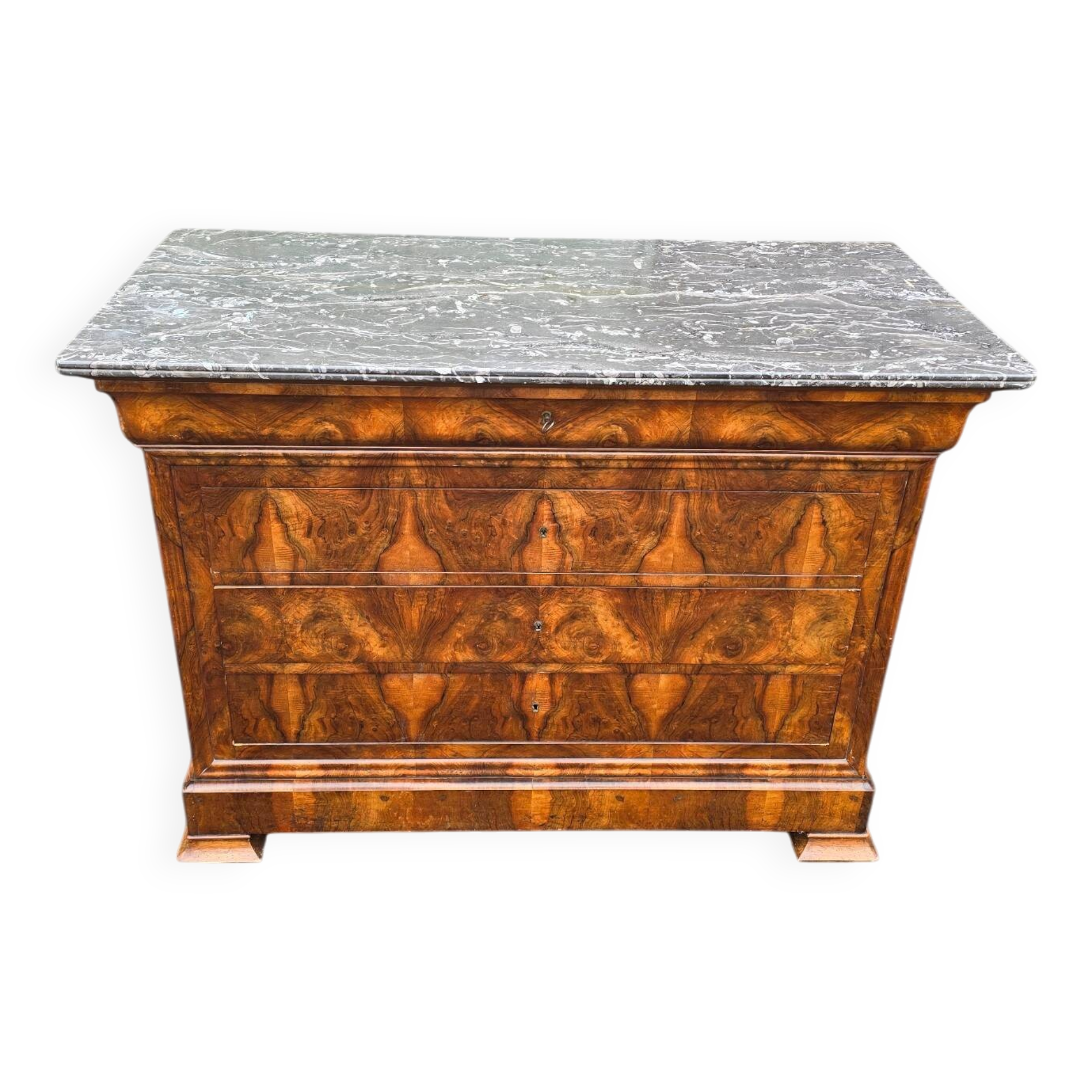 Louis Phillipe chest of drawers in burr walnut and black marble top