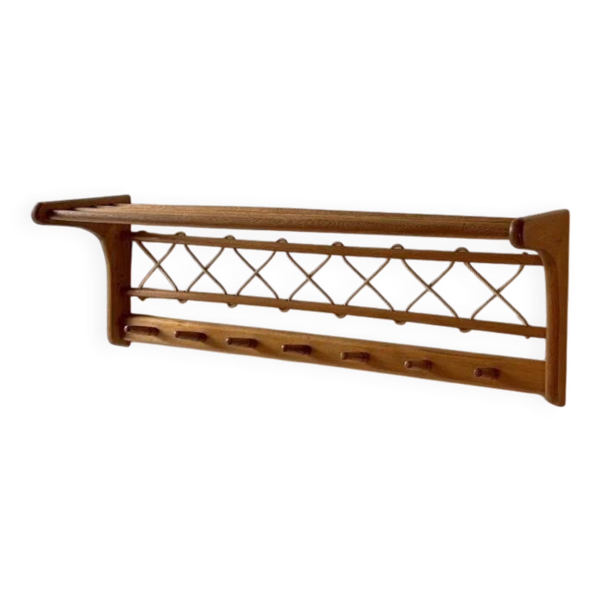 Vintage oak wall coat rack with braided cord 1960s