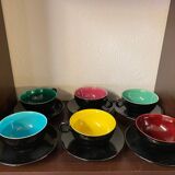 Set of 6 1960s coloured cups st clement faience with their saucers