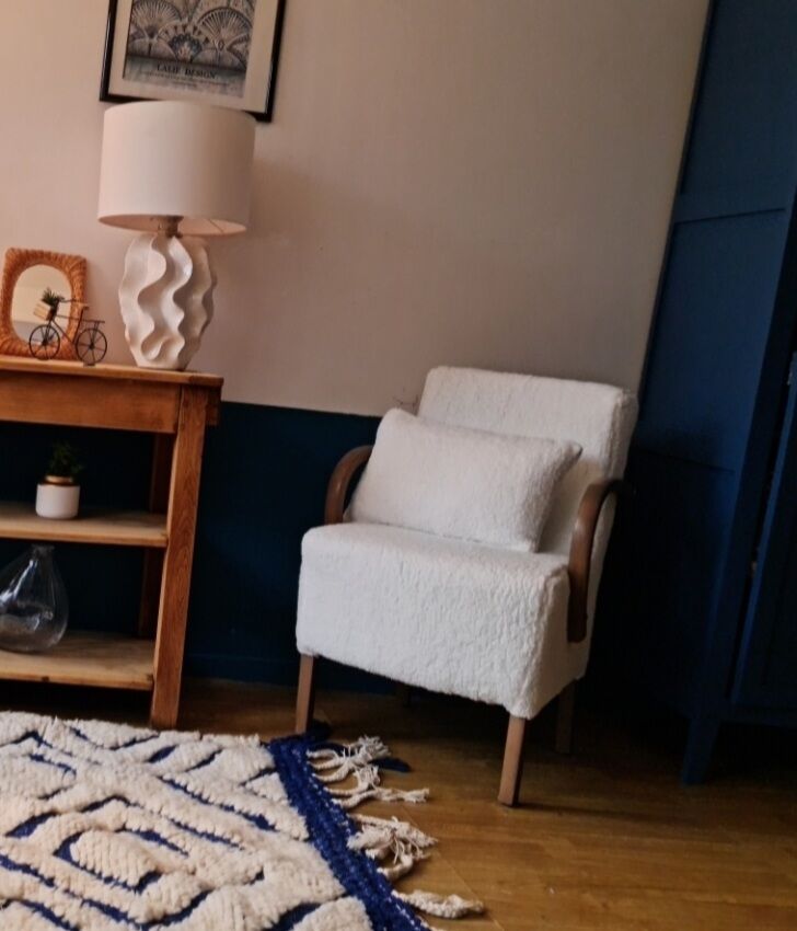 Armchair completely redone moumoute fabrics matching rectangular cushion woodwork mink color
