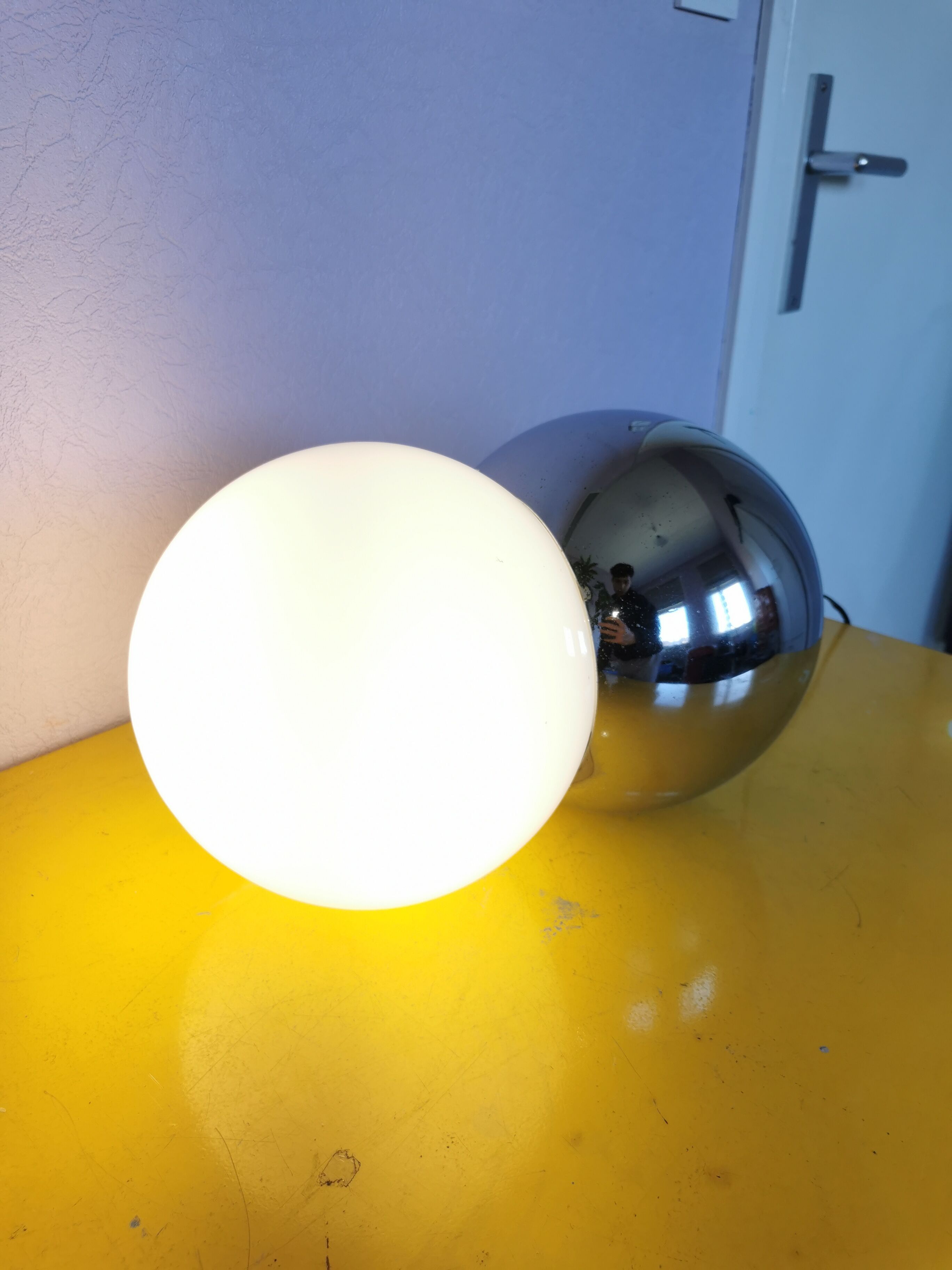 Lamp molecule, two balls, globe in opaline and stainless steel, 1970