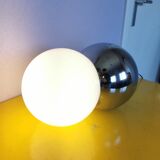 Lamp molecule, two balls, globe in opaline and stainless steel, 1970