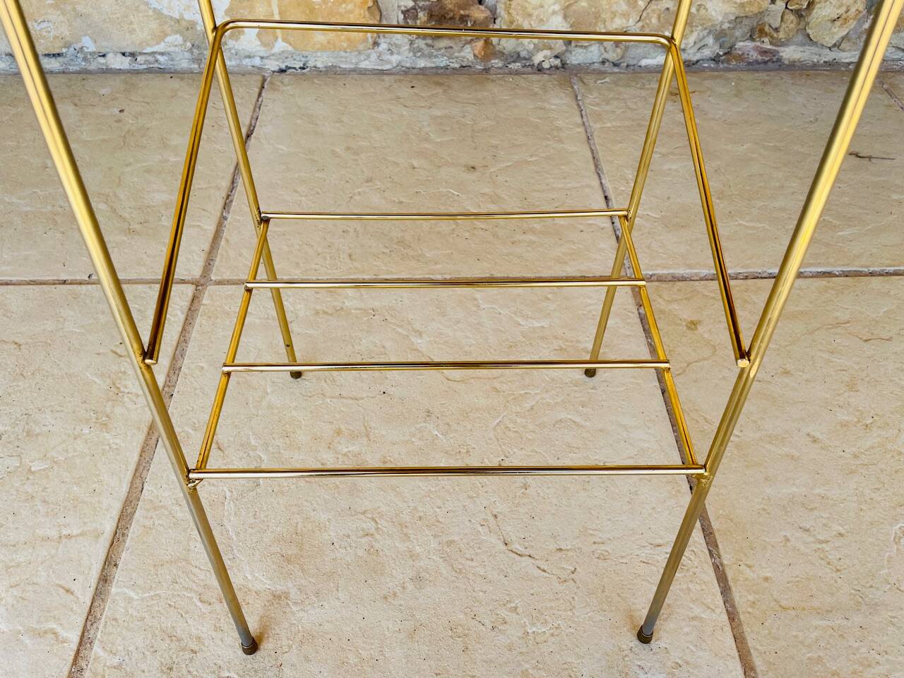 Vintage side table, 2 wooden and brass shelves, circa 1960s