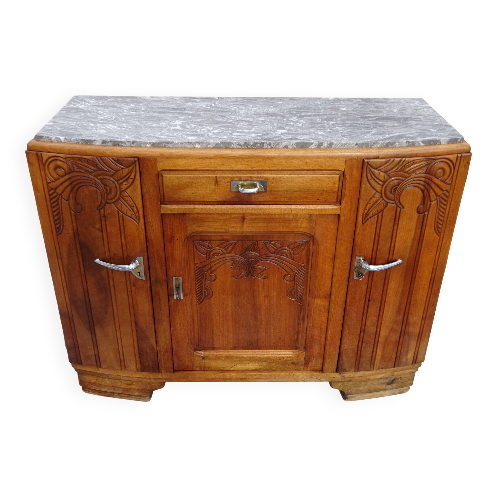 Art Deco sideboard in light walnut, grey/white marble