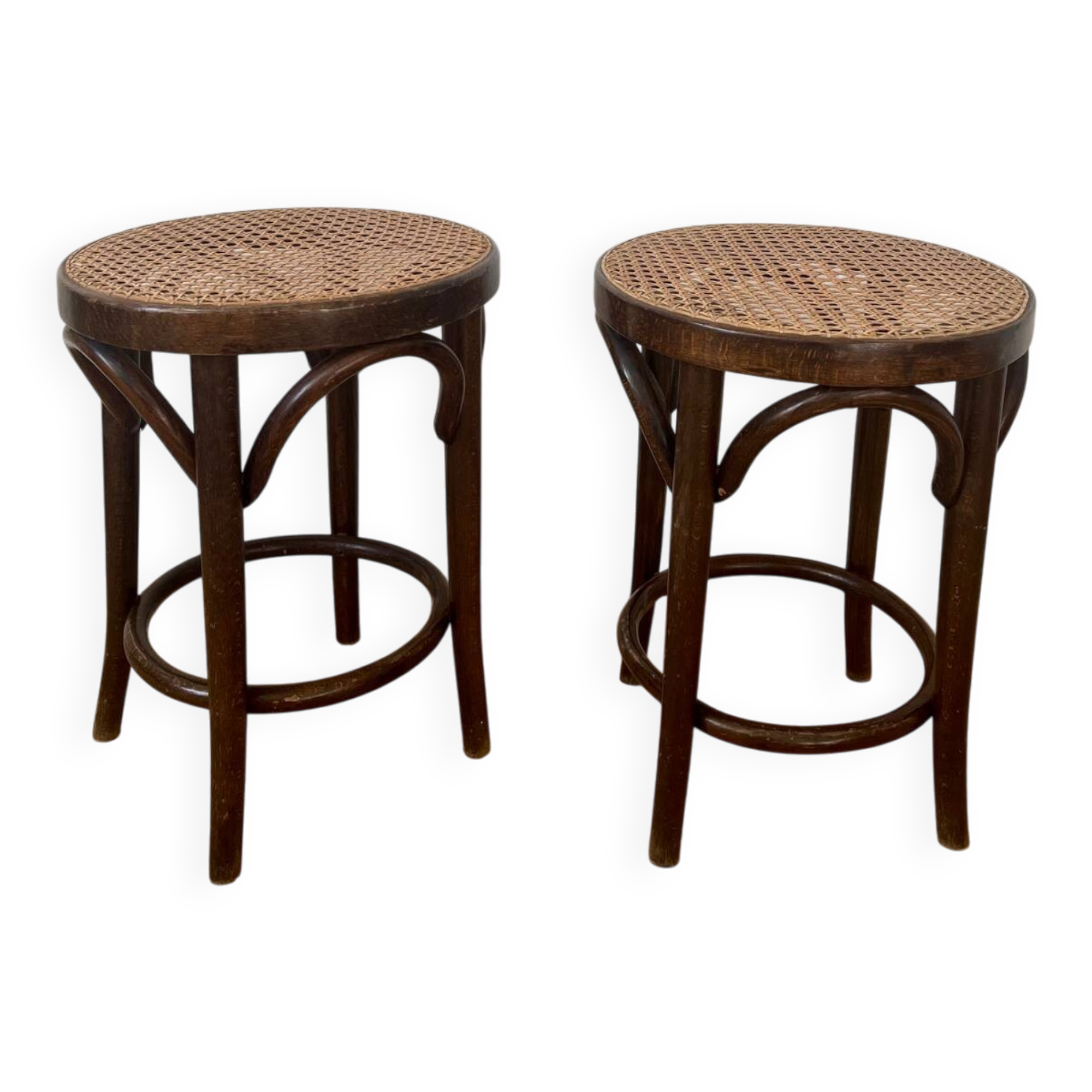 Paire de tabourets viennois bois courbe et cannage années 50