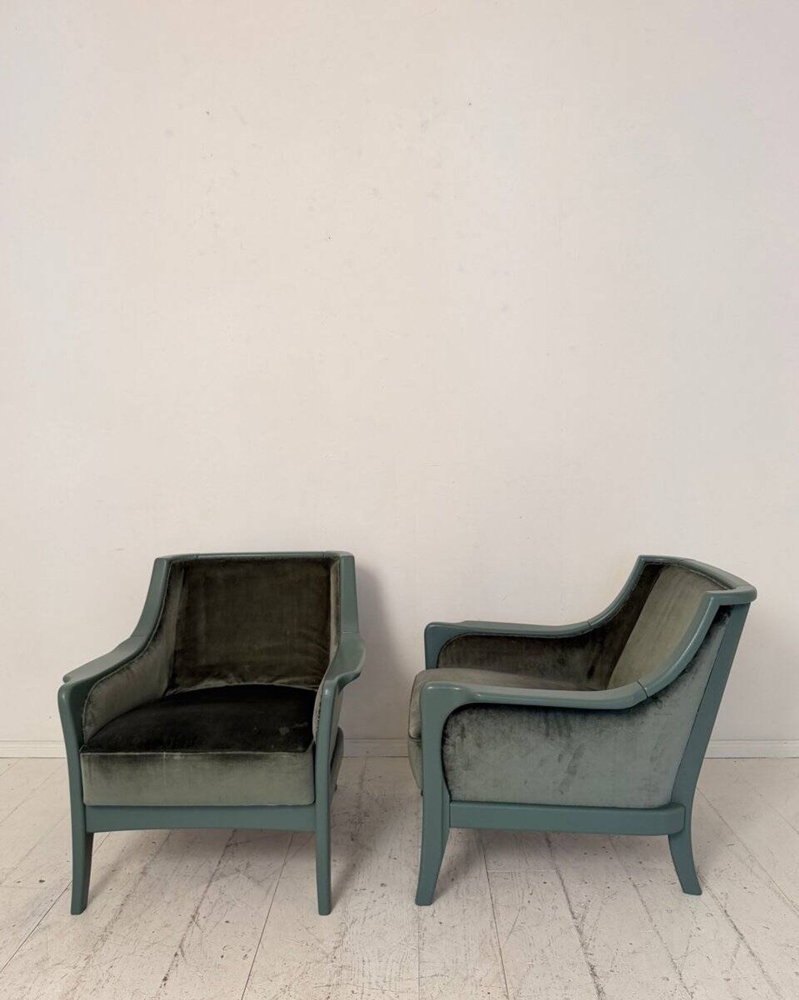 Pair Lounge Chairs in green velvet and lacquered wood, France, 1950