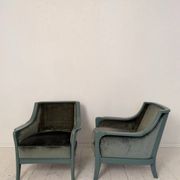 Pair Lounge Chairs in green velvet and lacquered wood, France, 1950