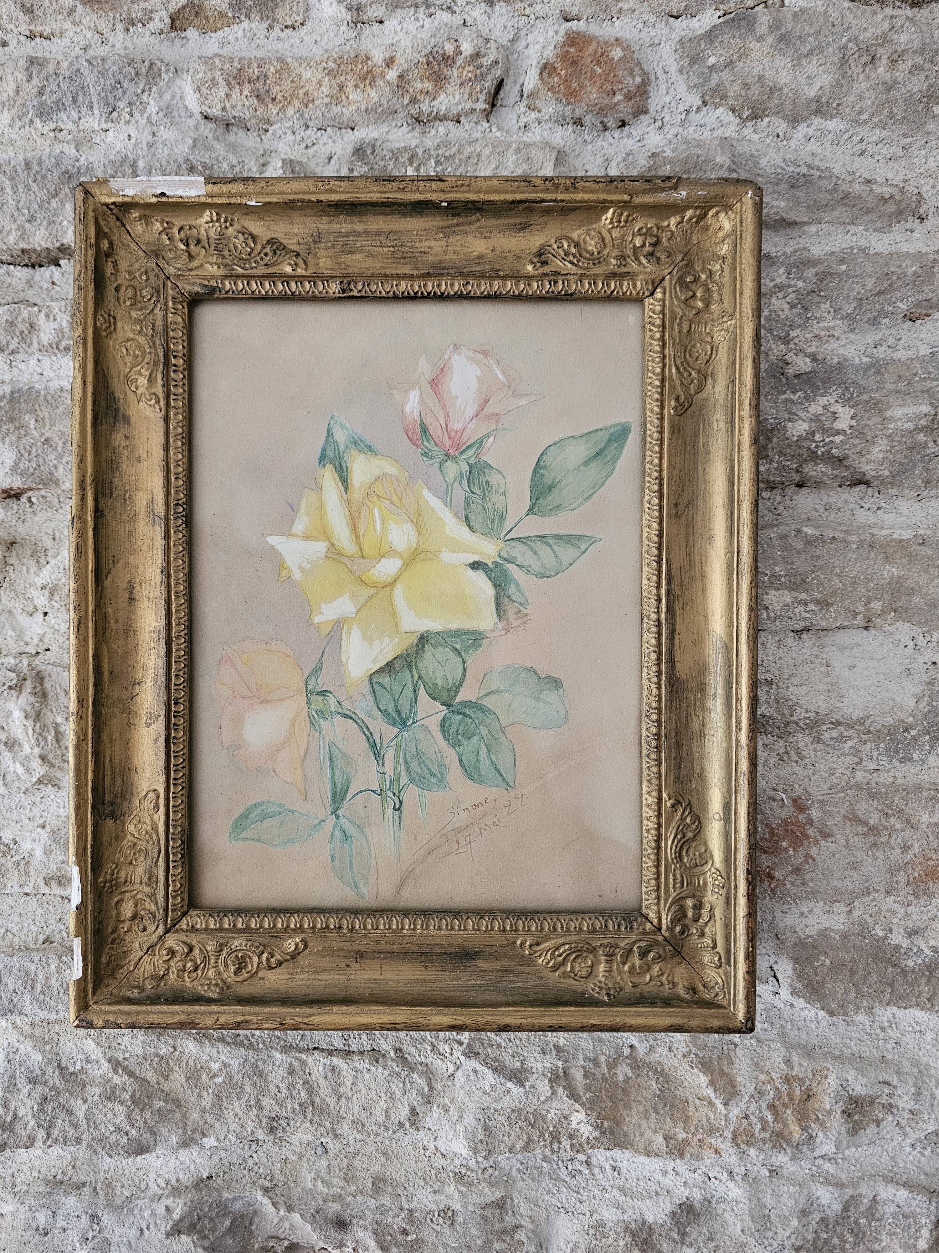 Watercolour painting of pink flowers signed Simonne 1922 in a gilded wooden frame.