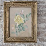 Watercolour painting of pink flowers signed Simonne 1922 in a gilded wooden frame.