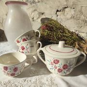 Set of 4 Badonviller Floral cups and a sugar bowl