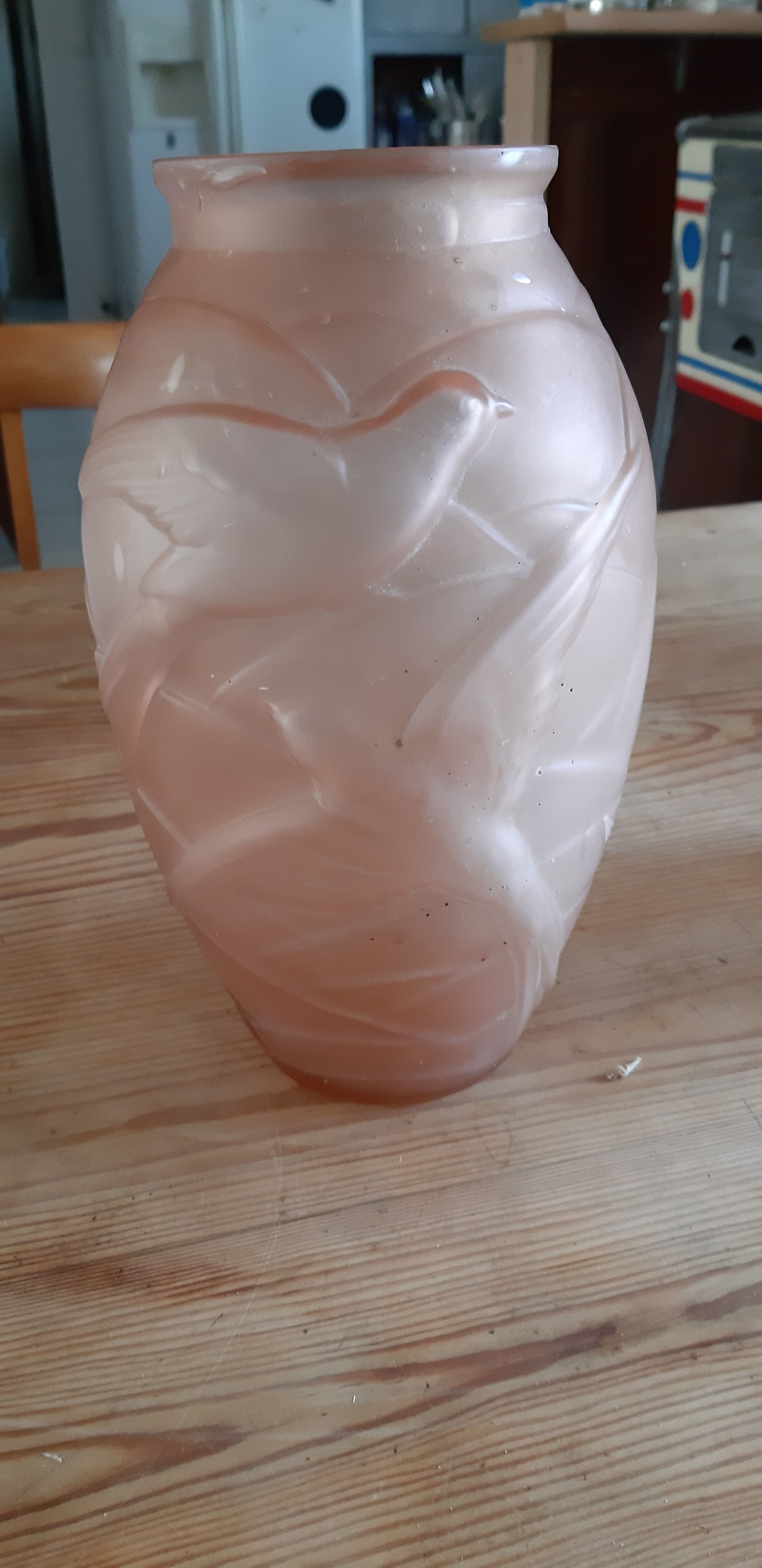 Pair of art deco vases in salmon glass signed NS