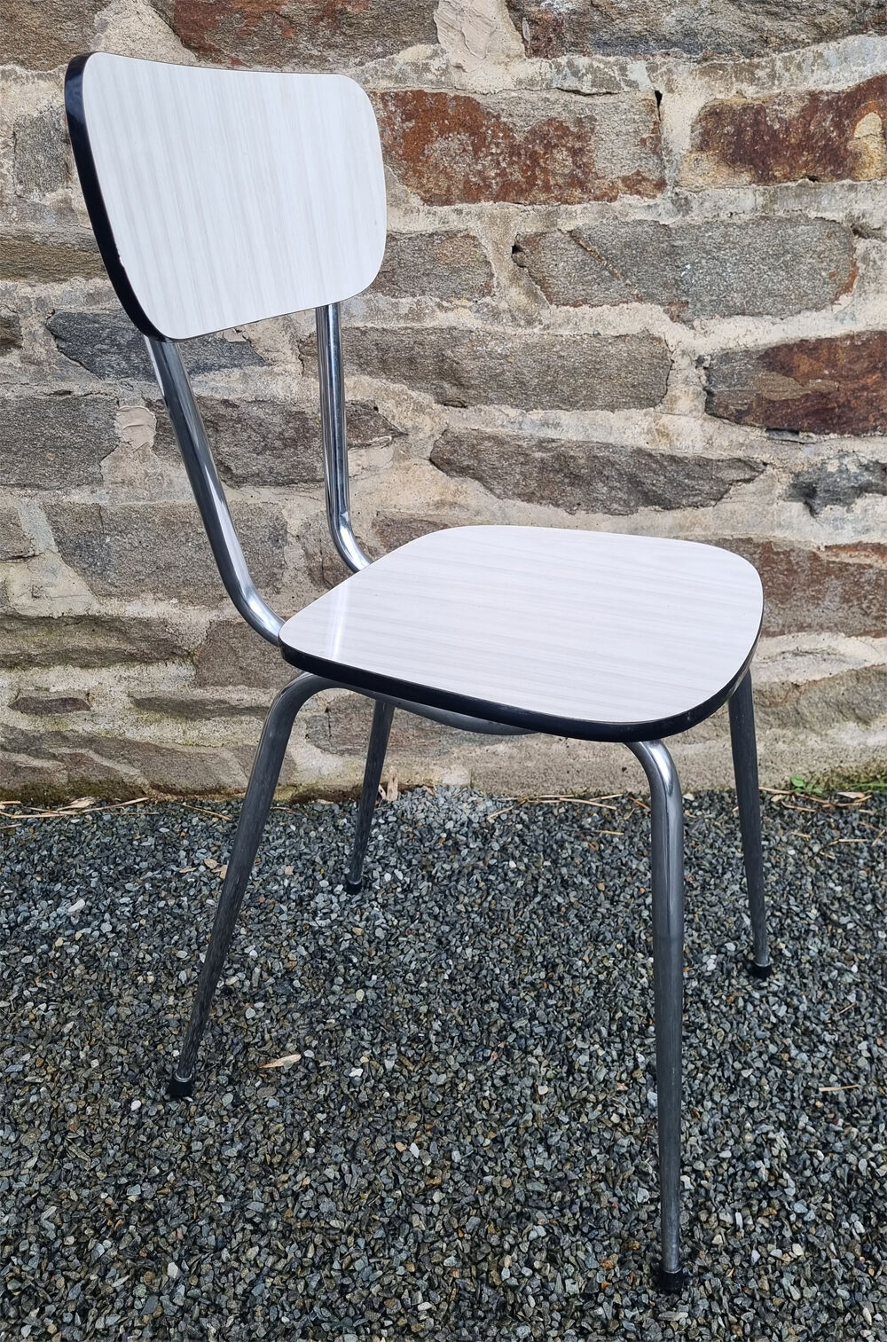 Set in white formica, table and 4 chairs, vintage, 70s