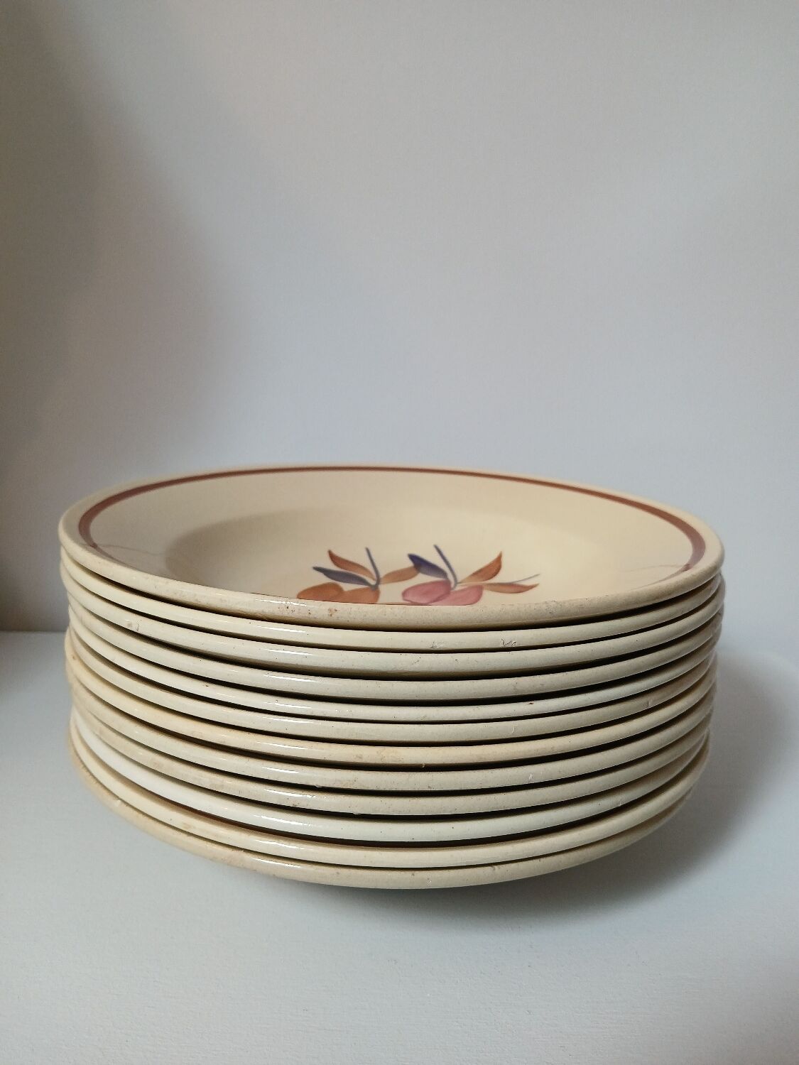 Lot de 12 assiettes creuses vintage motif bordeaux caramel