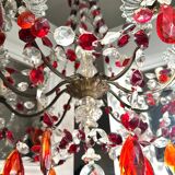 Antique chandelier with red crystal pendants, 9 lights.
