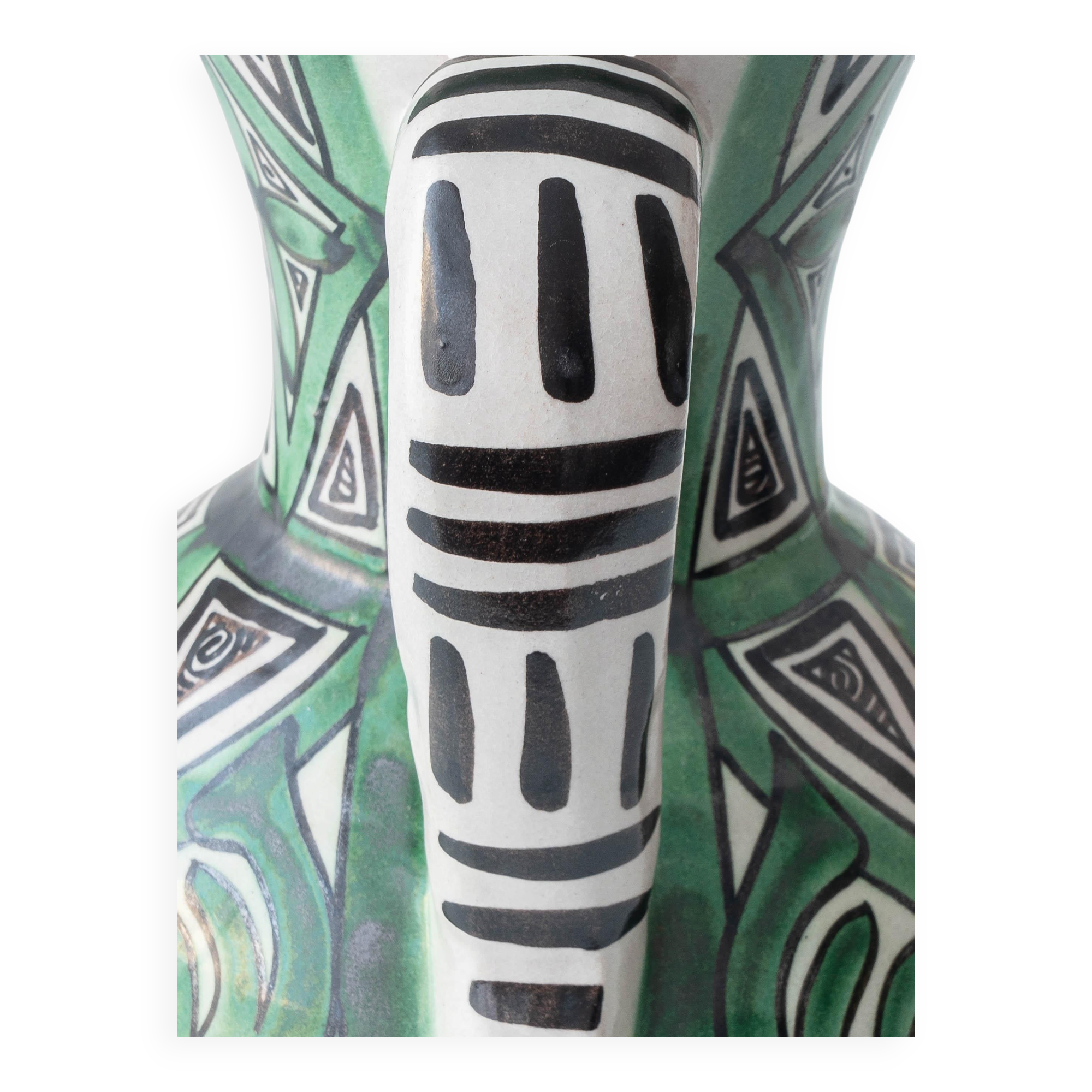 Spanish ceramic pitcher from the mid-century Mudéjar style in green and black, Punter.