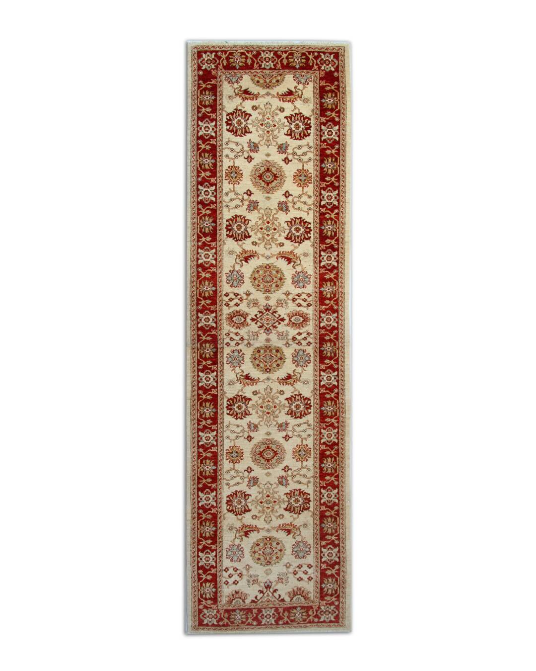 Handmade Cream & Red Wool Runner Rug, Floral Hallway Carpet Stair Runner