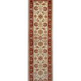 Handmade Cream & Red Wool Runner Rug, Floral Hallway Carpet Stair Runner