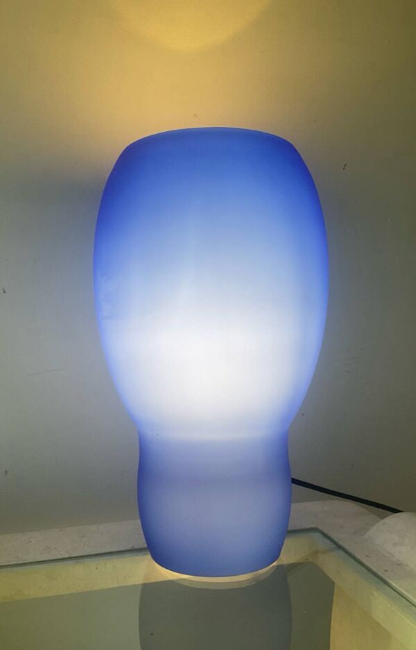 Lampe champignon en pâte de verre bleu et blanc