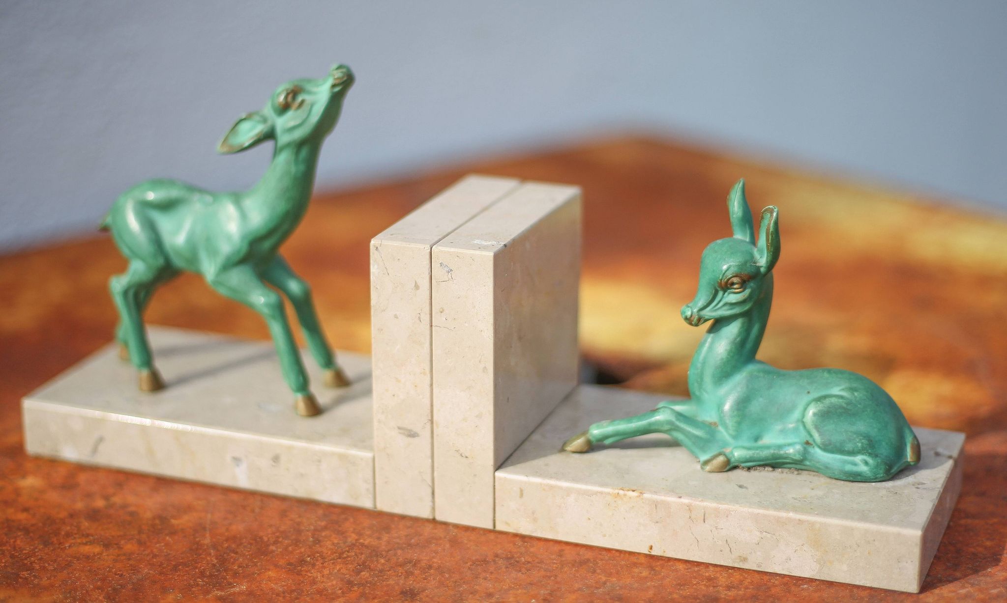 Marble and green patina metal bookends, vintage style bookends, animals, paperweight