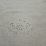 Ancient tablecloth, 12 embroidered towels monogram RD damasse de roses , friezes art deco