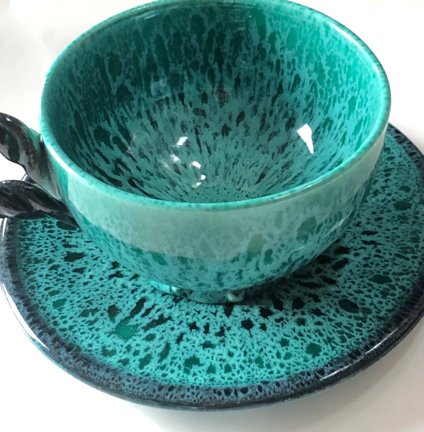 Turquoise Vallauris Braided Ceramic Cup and Saucer by Marius Giuge