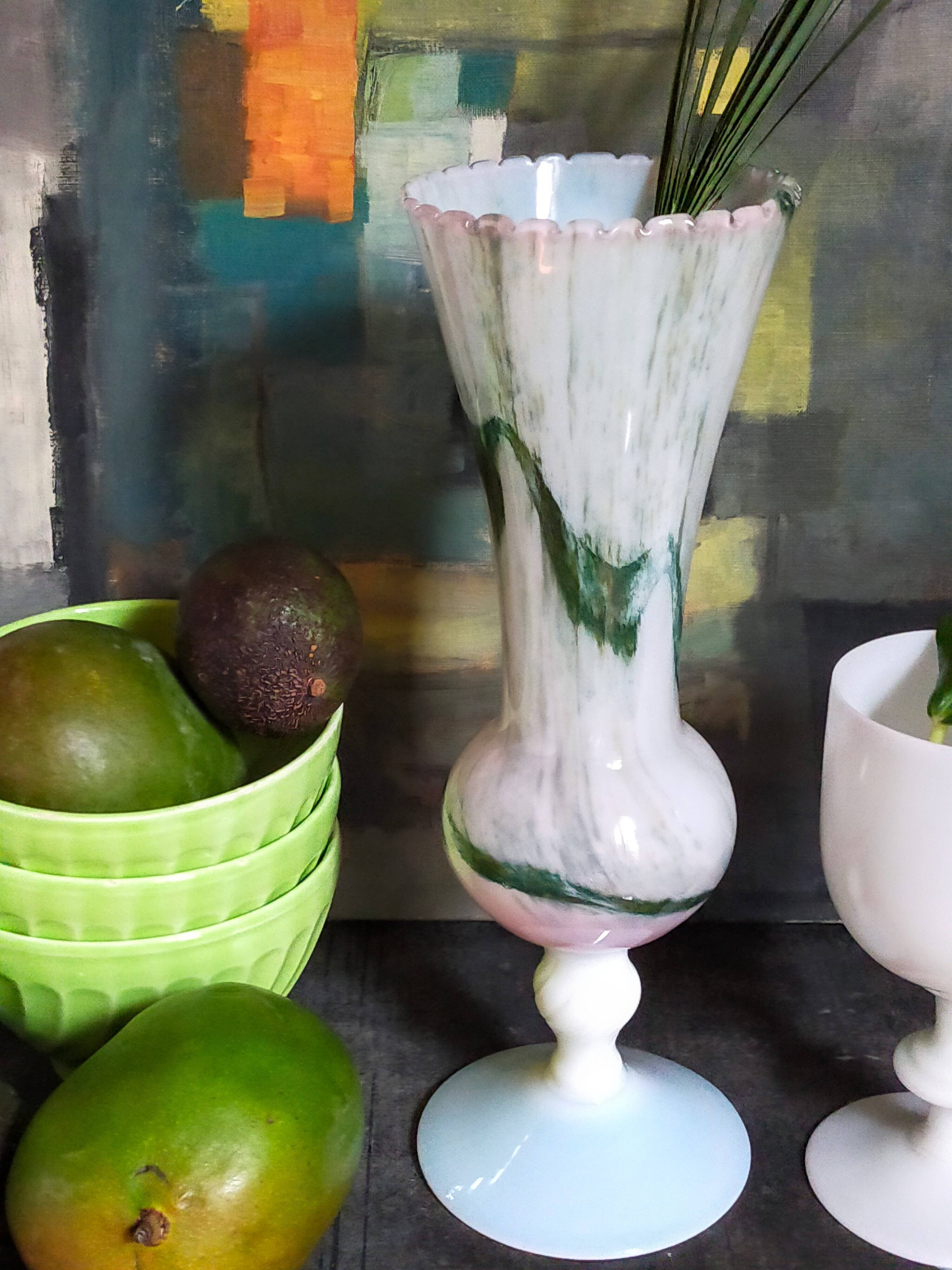 Vase on foot in opaline and vintage blown glass 30 cm