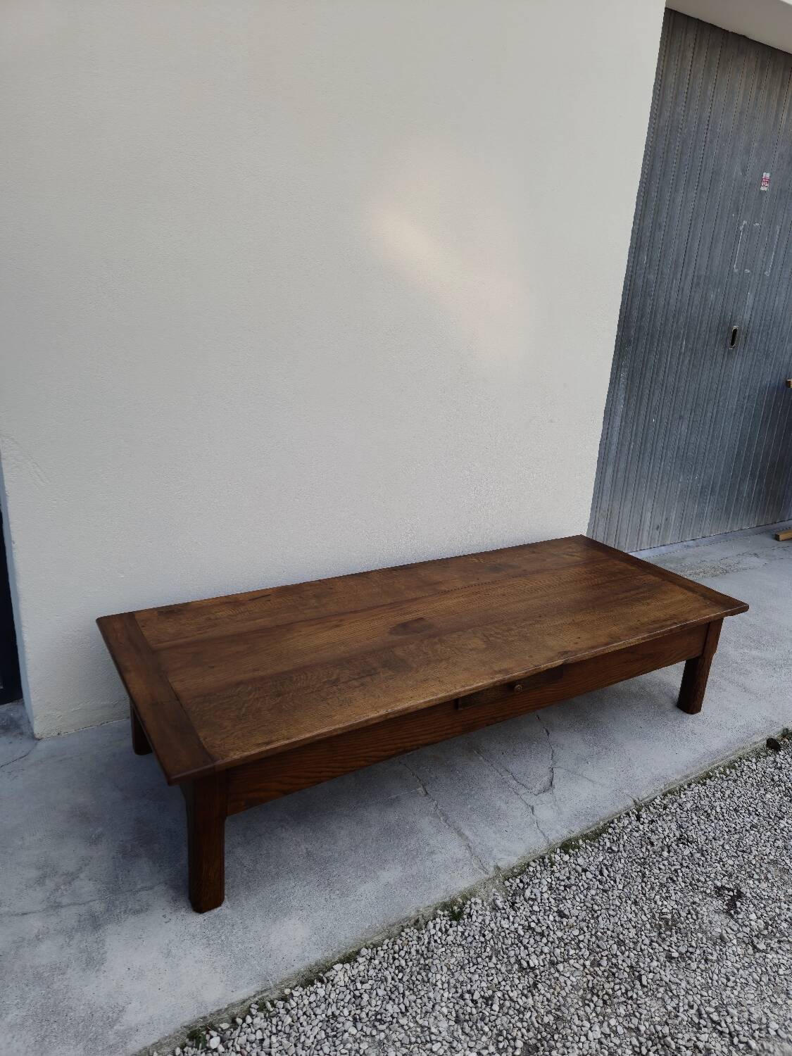 Rustic farmhouse coffee table with two drawers, solid oak, 19th century - 1.97m