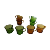 8 duralex cups in green and amber glass