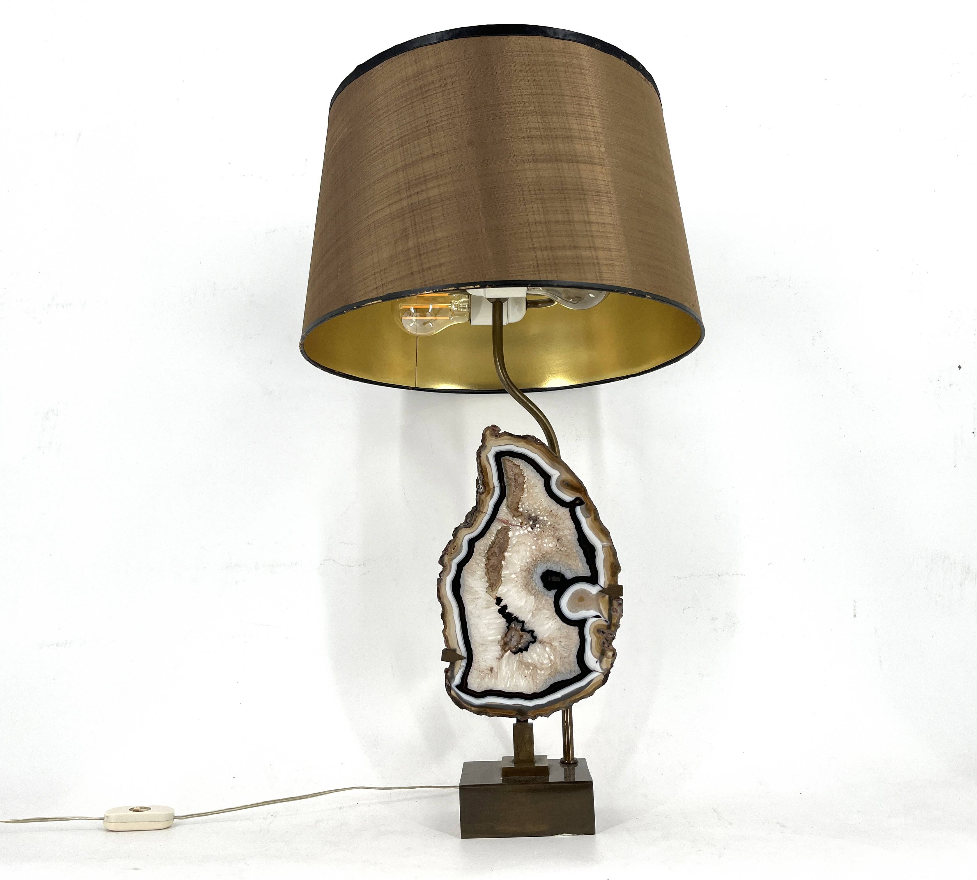 Lampe de table vintage en tranches d'agate en laiton, années 1970