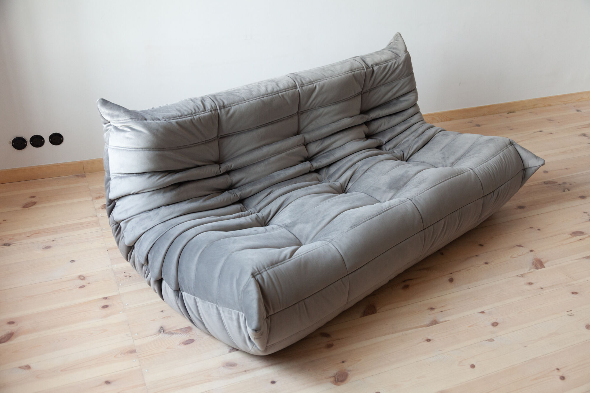 3 seater Togo grey velvet sofa designed by Michel Ducaroy 1973
