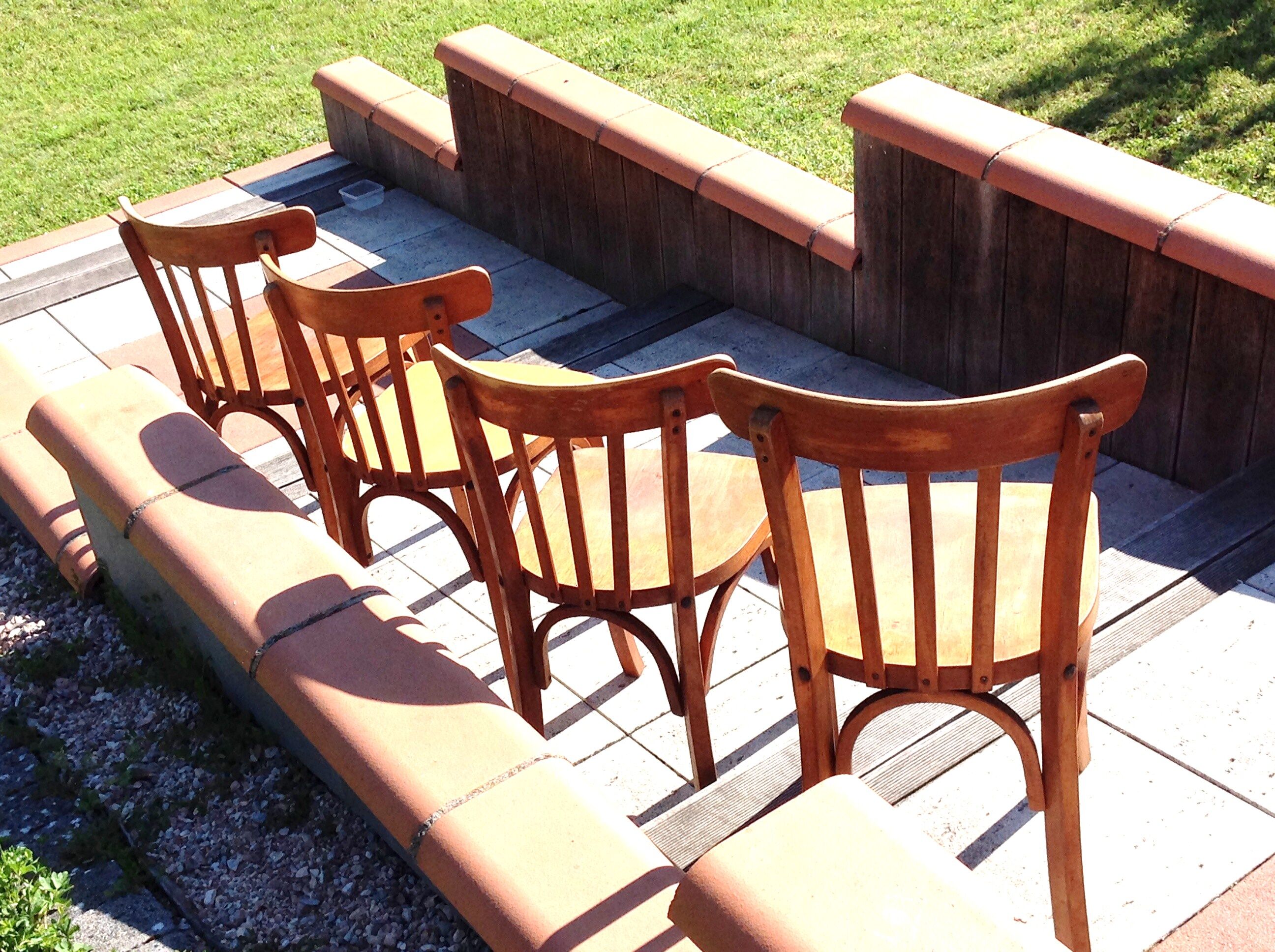 Suite of four foot bistro chairs with hoops / vintage 40s-50s