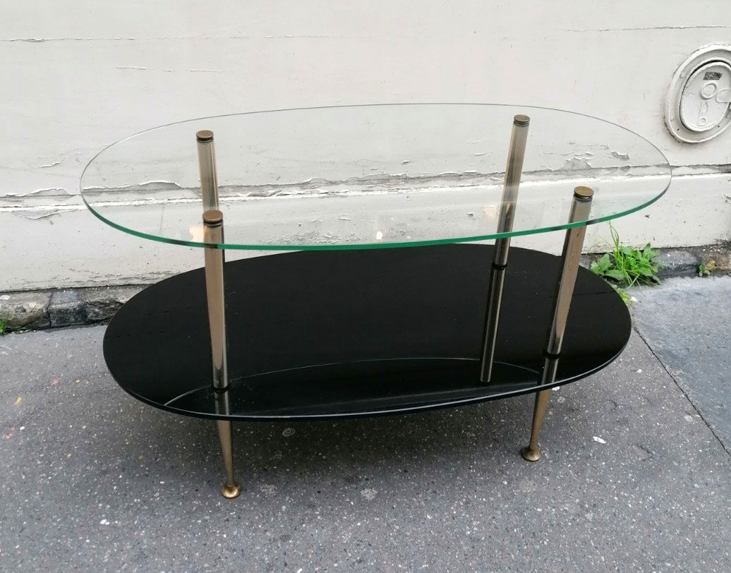 1960 oval glass and brass coffee table
