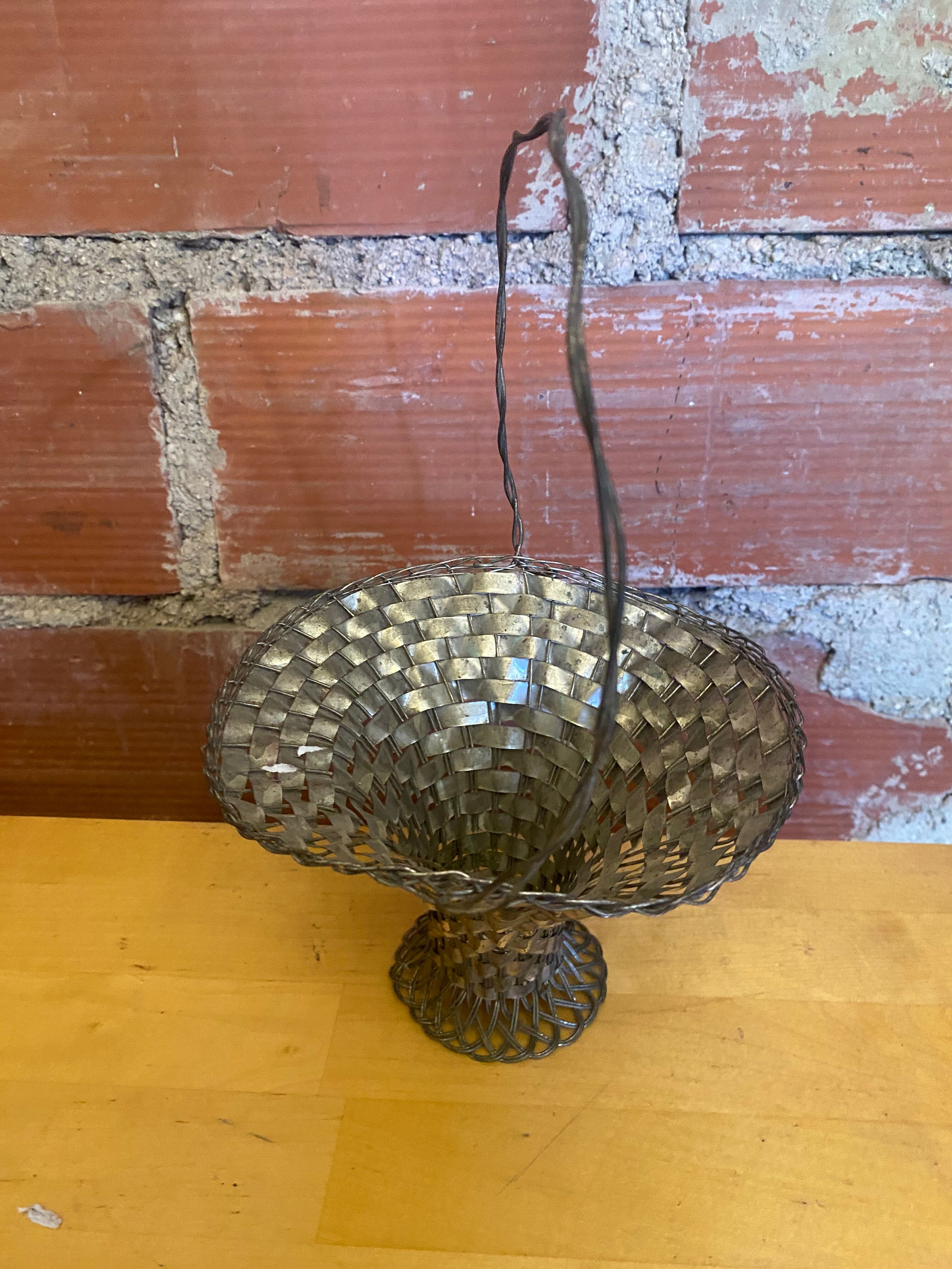 Panier Tressé Ancien Metal Argenté Vintage #E015