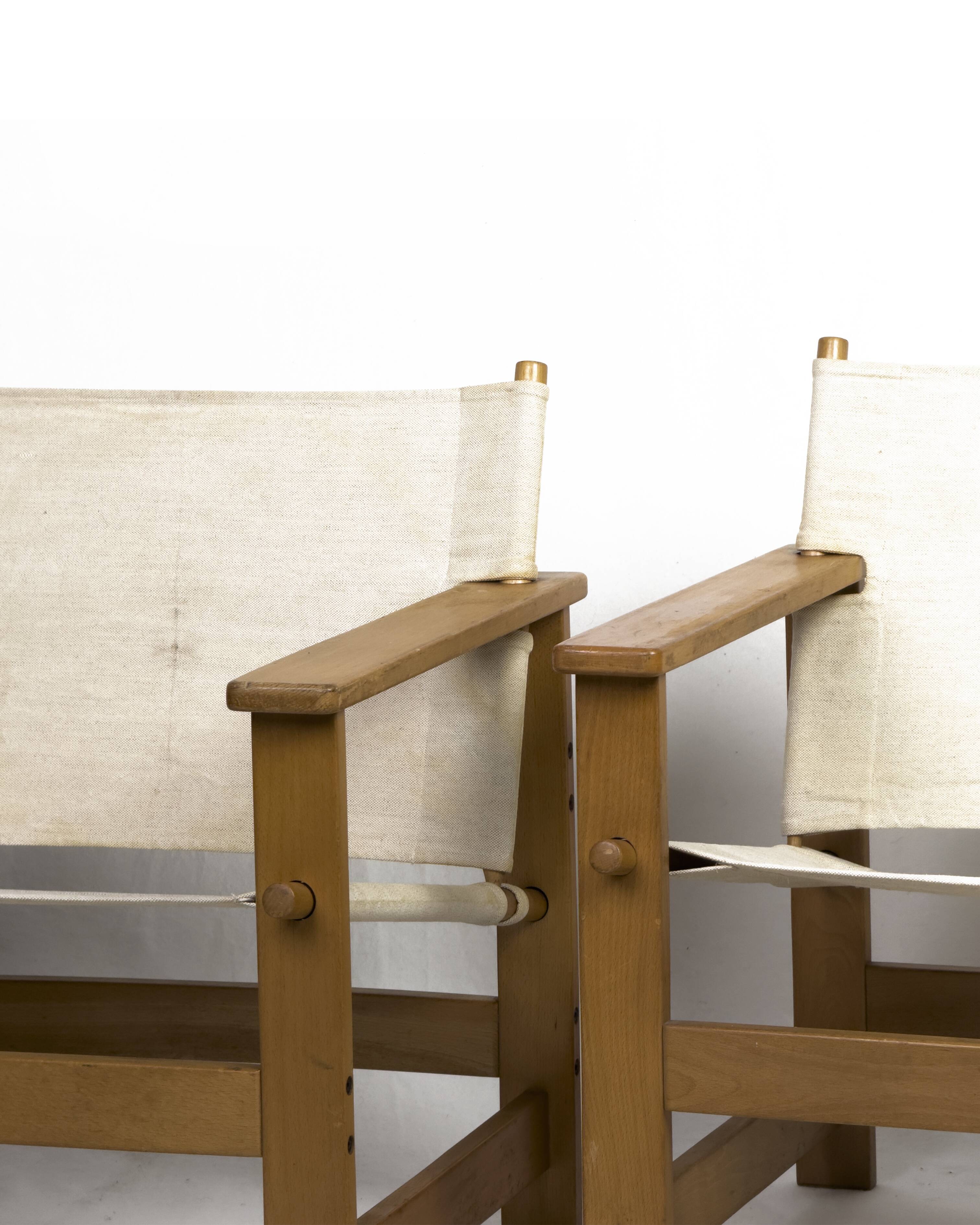 Pair of Vintage Safari Lounge Chairs in Canvas & Wood, 1970s