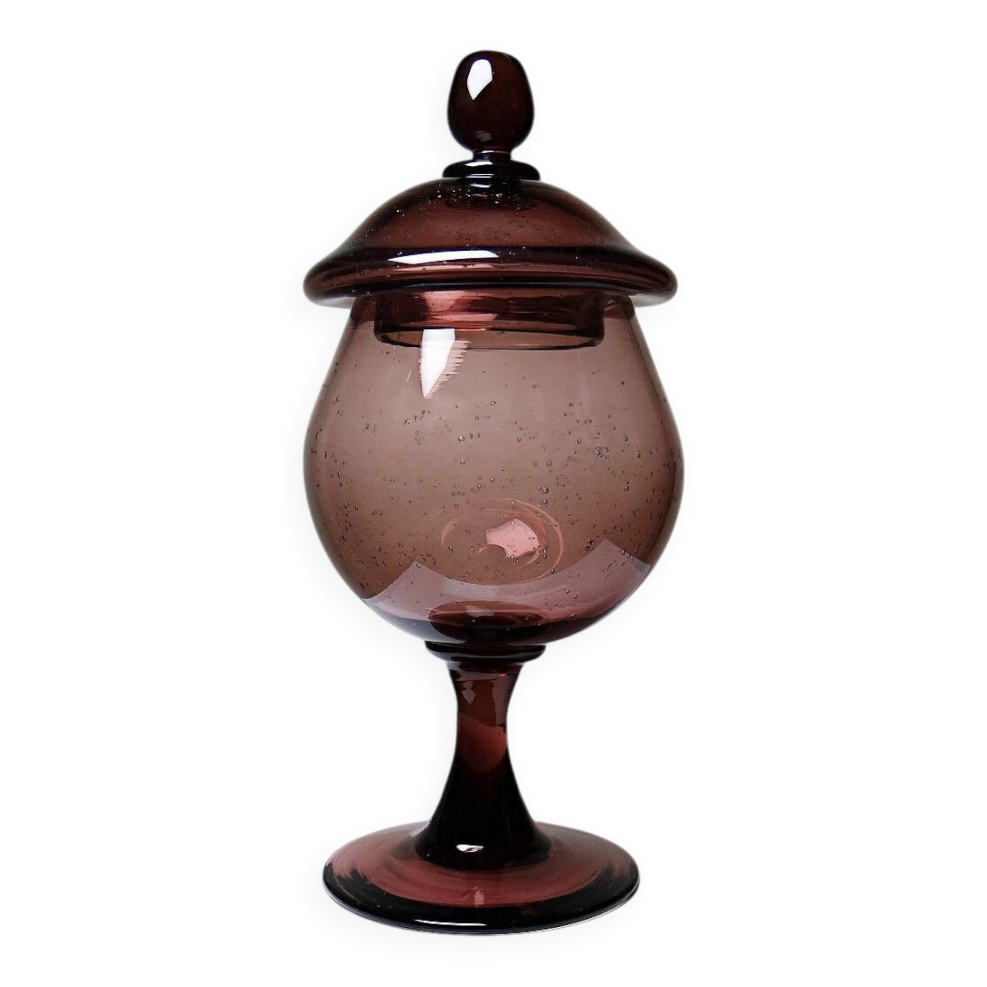 Pot, vintage purple plum bubble glass sweet jar in the style of Biot.