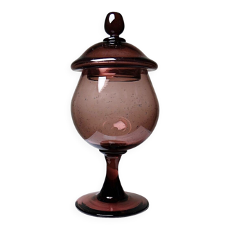 Pot, vintage purple plum bubble glass sweet jar in the style of Biot.